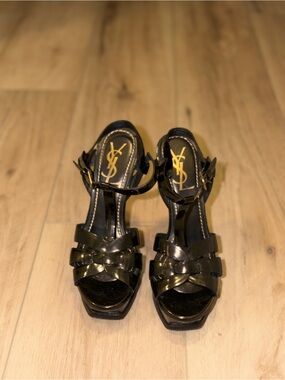 Yves Saint Laurent Black Patent Leather Braided Platform Heels